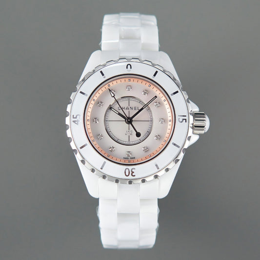 CHANEL J12 33mm Quartz White Ceramic Diamond Numerals Pink Mop Dial